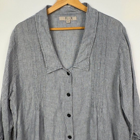 Flax Women V-Neck Collared ButtonDown Linen Top Sz L Blue Lagenlook Coast Beach - Picture 4 of 13